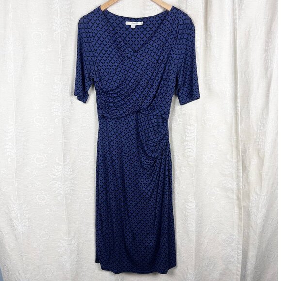 Boden Rita dress blue geometric print ruched midi stretch jersey short sleeve 10 - Picture 2 of 8